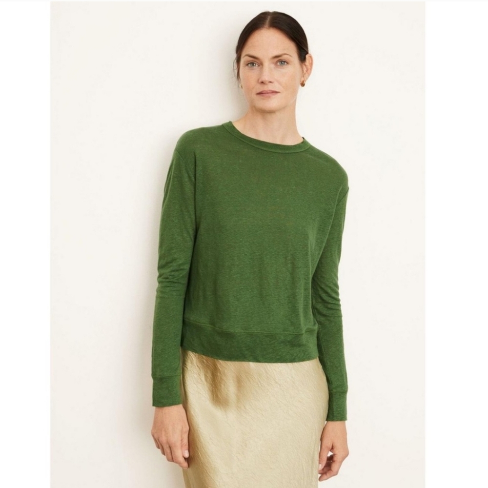 Vince • 100% Linen Long Sleeve Slub Pullover Shirt in Olive Drab Green Sz M - Picture 2 of 12